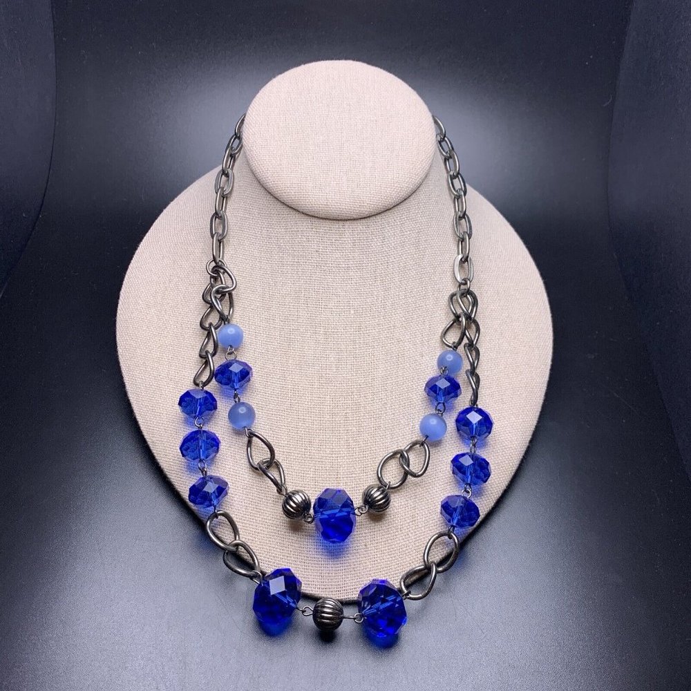 Shades of Blue Gunmetal Layered Necklace Glass Bead Rondelle Statement